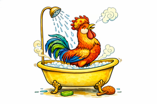 Colorful cartoon rooster taking a bath with a shower head and bubbles.
