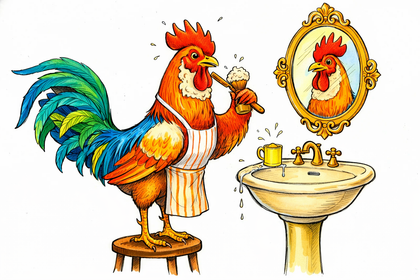 Colorful cartoon rooster shaving his face in a sink with a mirror reflection.