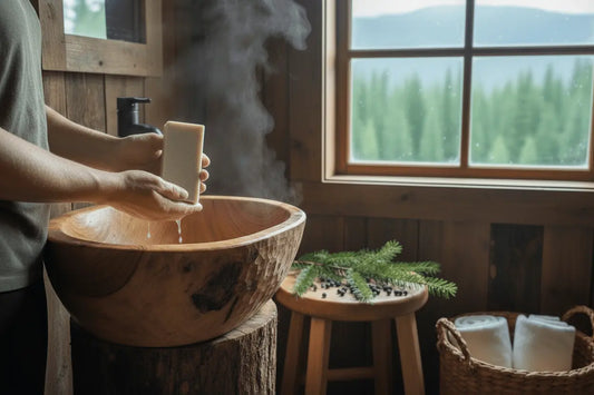 Driftwood & Stone - Cabin Bathroom Person using mountain rain soap in rustic cabin bathroom with wooden elements and forest atmosphere