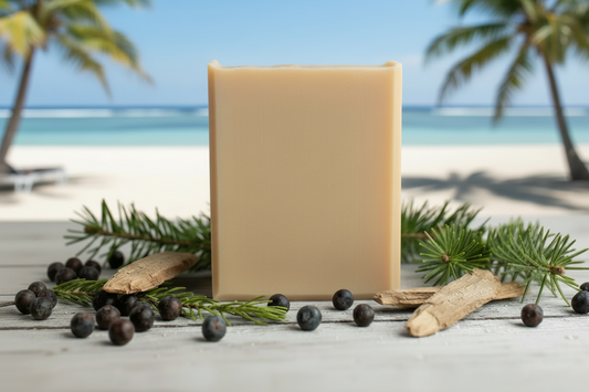 handmade artisan coconut milk soap called driftwood and stone made of juniper berry, fir needle, patchouli and cedar atlas