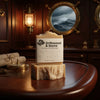 Driftwood & Stone — Named & Wrapped Bar in warm cabin, stormy sea outside the port light. Braille labeled