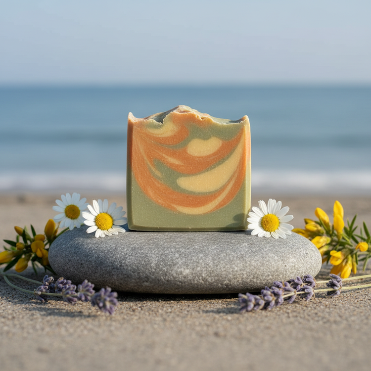 Dune Grass on Stone soap on smooth stone with wildflowers