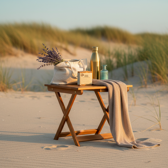 Dune Grass | Dune Grass tallow soap bar on a teak table draped with a towel beside a drinks shaker, nestled among wild sun-warmed dunes.