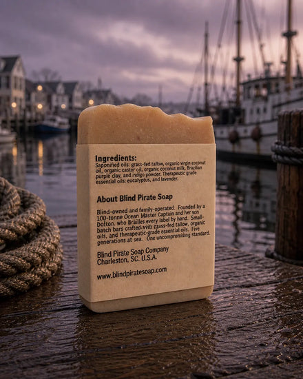 Windward tallow soap back panel, ingredients and brand story, wet harbor dock and tall fishing ships behind. Blind Pirate Soap Co.
