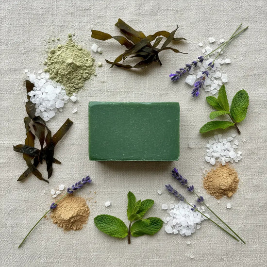 Overhead view of Emerald Harbour soap with French green clay, sea salt, kelp, peppermint, lavender, and sandalwood on linen
