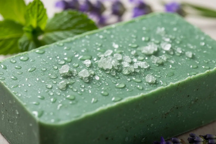 Close-up of emerald green soap bar with French green clay texture and sea salt crystals, peppermint and lavender in background