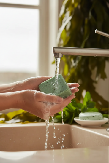 Luxurious lather from Emerald Harbour green sea salt soap in hands with ocean kelp and peppermint in spa background