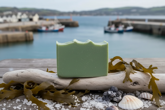 Emerald Harbour handcrafted rich green soap bar with sea salt crystals on driftwood, surrounded by ocean kelp and sea salt