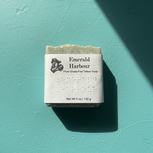 Emerald Harbour | Grass Fed Tallow Soap Bar Blind Pirate Soap Co. Label is brailled with the name of the soap