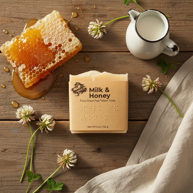 Overhead view of Milk & Honey front panel beside golden honeycomb and fresh milk, warm and inviting flatlay.