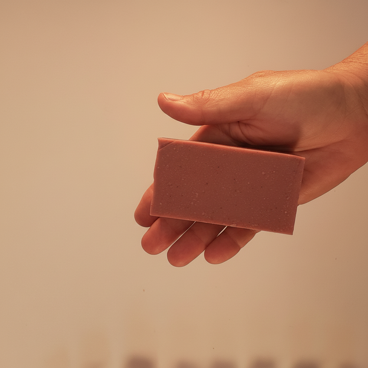 Rustic cut French Lavender grass-fed tallow soap bar, warm dusty mauve with fine speckles. Blind Pirate Soap Co