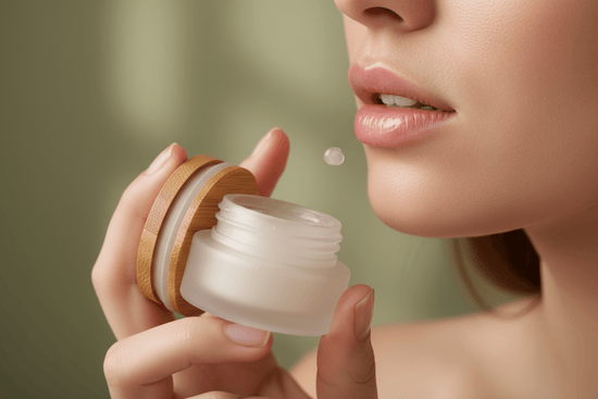 frosted glass jar with a bamboo lid for lip balm being used by a woman with lovely lips that look soft