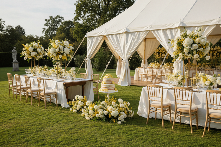 Lemon Drop | Garden party tent on a manicured lawn, lemon cake and champagne waiting in the open air