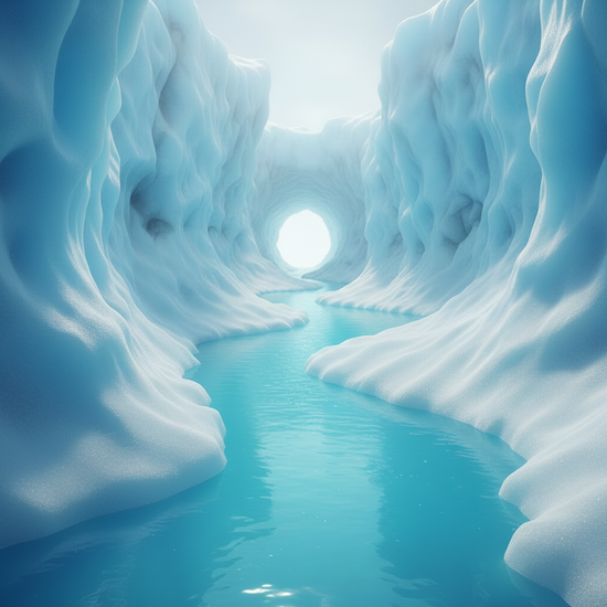 Glacier | A massive turquoise ice canyon, a glacial river winding through its ancient floor toward a water-worn arch of light glowing in the frozen distance.