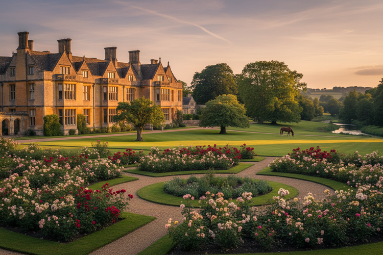 Grand Manor Estate golden hour light draping a grand stone country manor, perfectly manicured flower beds lining the sweeping the back garden  that runs along side a brook.