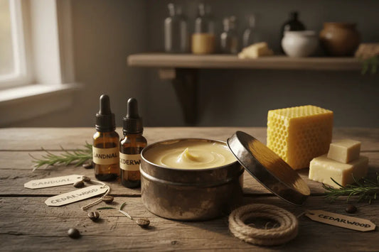 hand made beard balm from tallow, bees wax and organic oils.  There is a sunlit tin of balm on a wooden table showing essential oils, bees wax and rosemary sprigs lit up gently by the sun. The balm looks creamy and luxurious.
