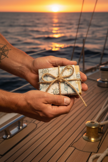 Hands holding soap bar on deck at golden hour