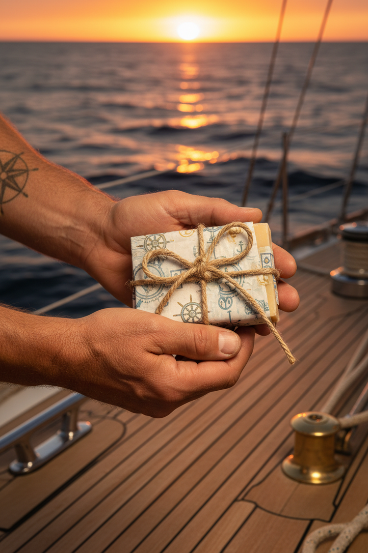 Hands holding soap bar on deck at golden hour