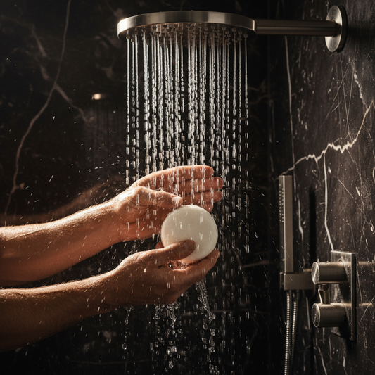 Hands Rainfall shower with unscented shampoo bar contrasting in the black marble shower.