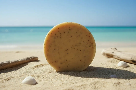 Hero — Tallow Shampoo Bar Standing on Side, Beach Scene