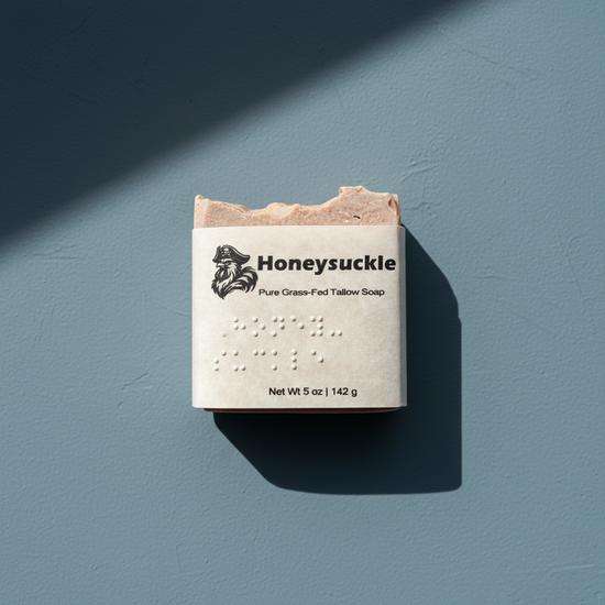 Honeysuckle — Stormy Slate background with braille on the front of the label