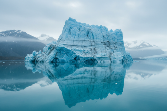 Iceberg Fjord | A massive calved iceberg drifting silently into the open ocean, broken free from its ancient berth, calm before the coming storm.