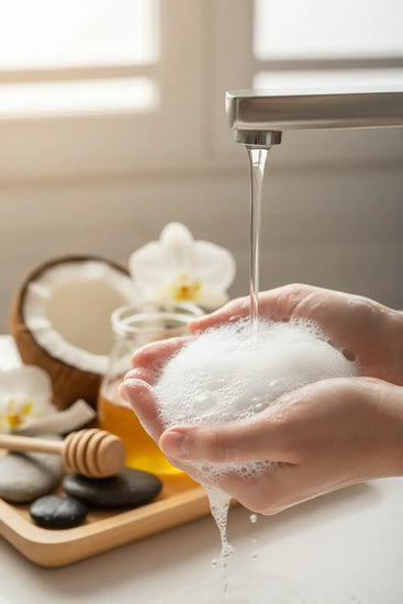 Luxurious gentle lather from pure white milk and honey soap in hands with coconut and honey in spa background