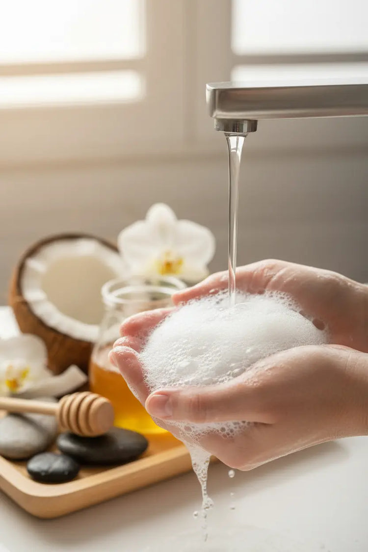 Luxurious gentle lather from pure white milk and honey soap in hands with coconut and honey in spa background