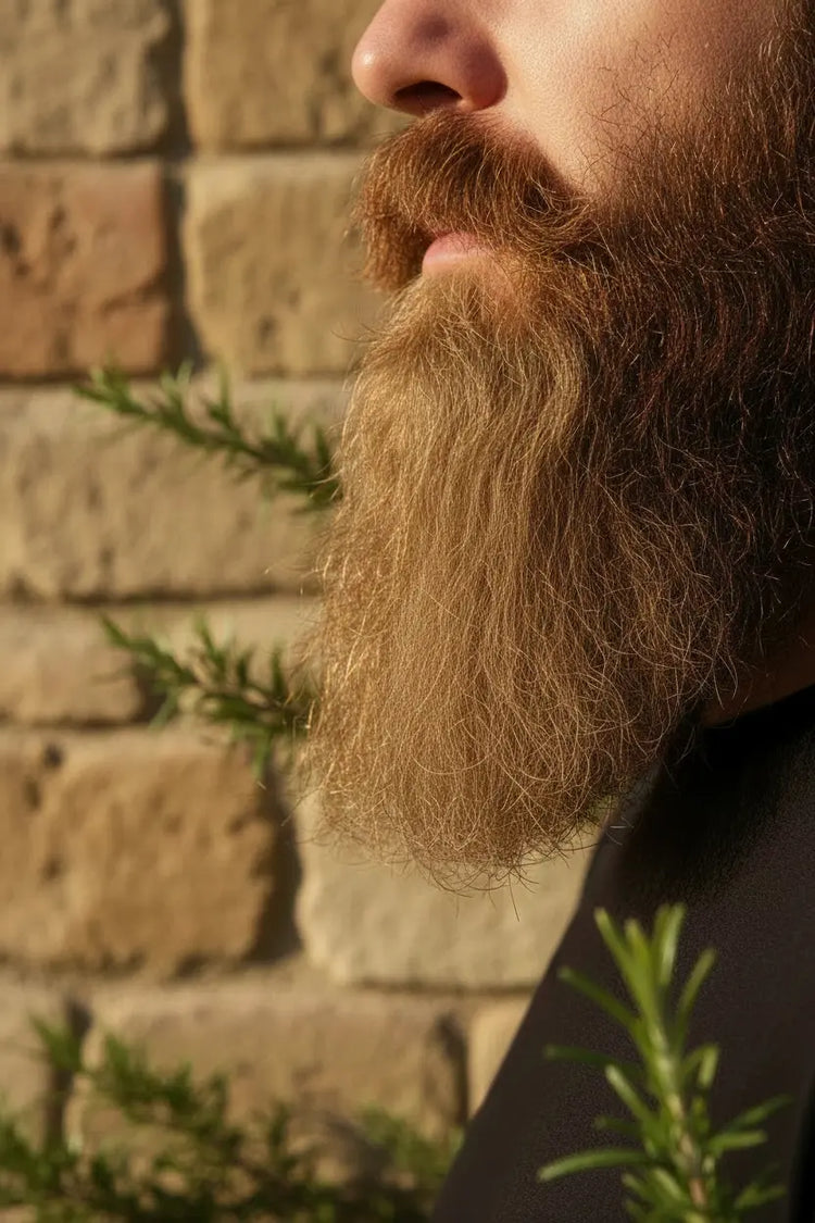 Full golden blonde beard on a man in side profile against a warm sunlit brick wall with rosemary sprigs