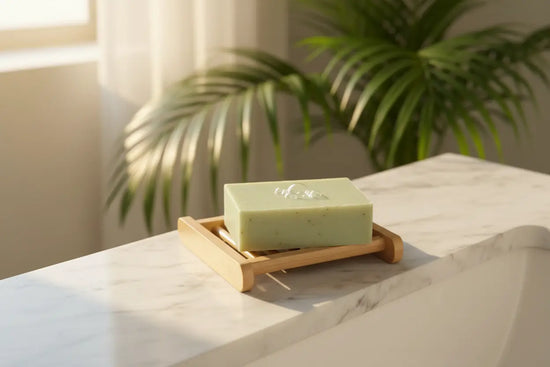 Handmade artisan soap bar resting on bamboo tray on the edge of a white marble sink with soft morning light and lush green plant in background