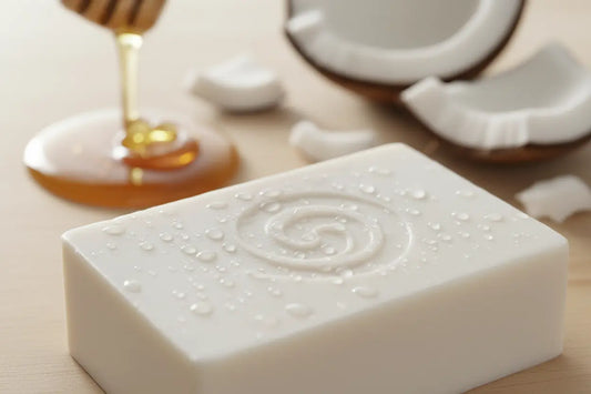 Pure white milk and honey handcrafted soap bar on natural linen with raw Manuka honey drizzle and coconut milk