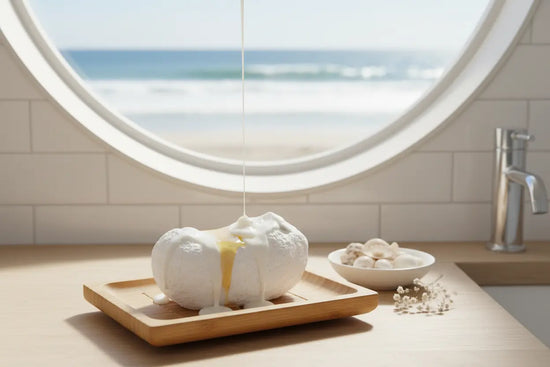 Close-up of pure white creamy milk and honey soap bar with water droplets, Manuka honey and fresh coconut in background