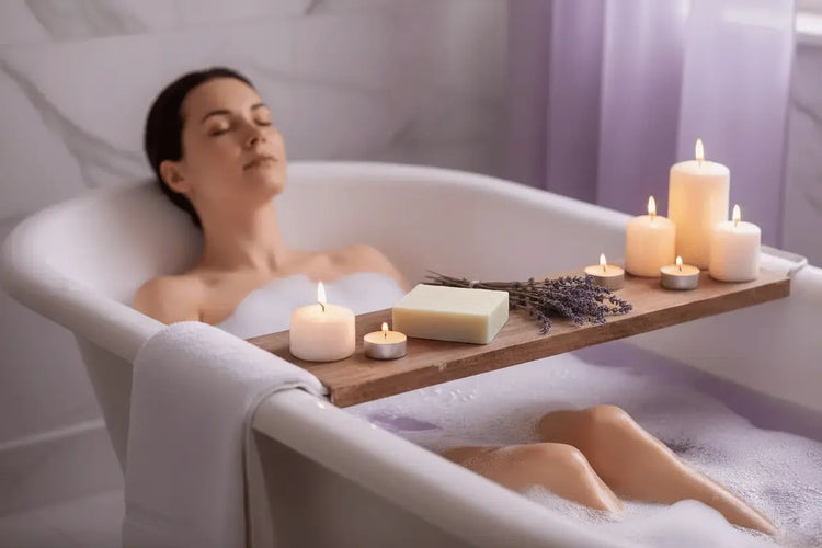 Windward tallow soap bar on a lavender-filled bath ledge, woman relaxing in bubbles, candlelight. Blind Pirate Soap Co.

