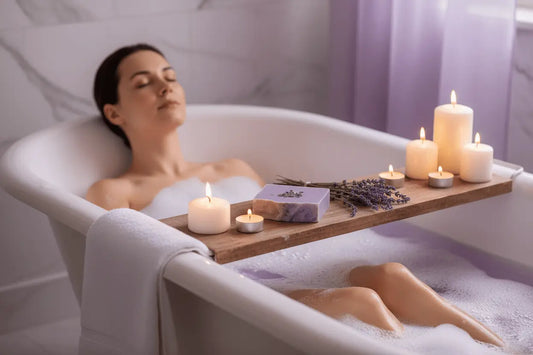 French Lavender - lavender sprigs and glowing candles in spa atmosphere