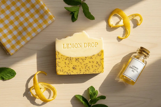 Lemon Drop - Fresh Lemon "Lemon drop soap on light wood with lemon peel curls, fresh mint and yellow gingham fabric