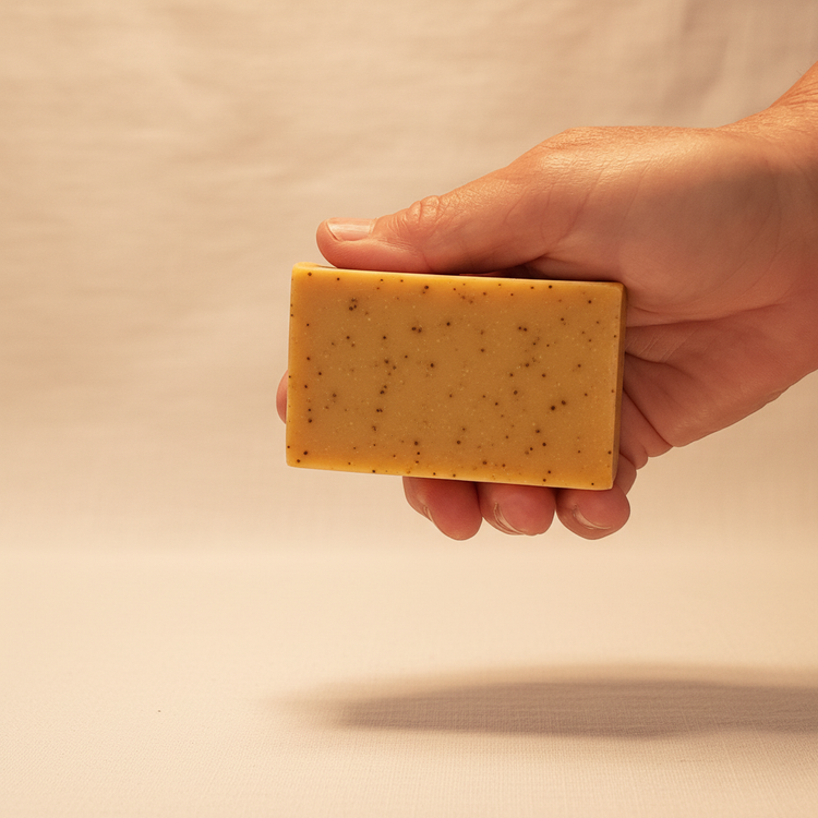 Rustic cut Lemon Drop grass-fed tallow soap bar, bright golden yellow with fine speckles. Blind Pirate Soap Co.