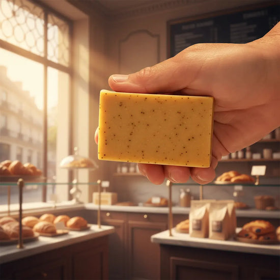 Hand holding a golden tallow soap bar with poppy seeds, bathed in warm morning light inside a French patisserie