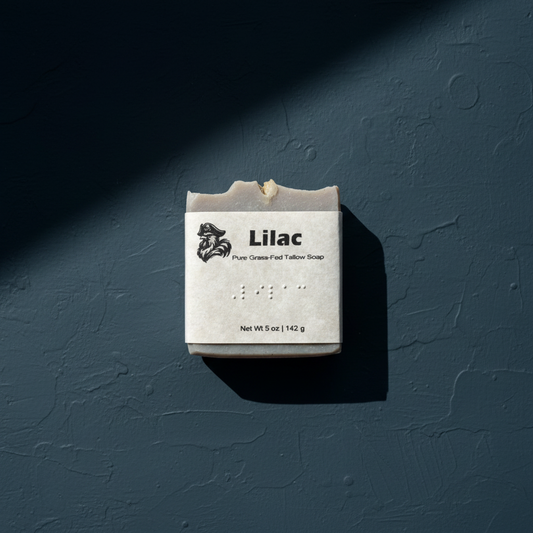 Lilac — Stormy Deep Charcoal background with lilac soap label fully braille on the front