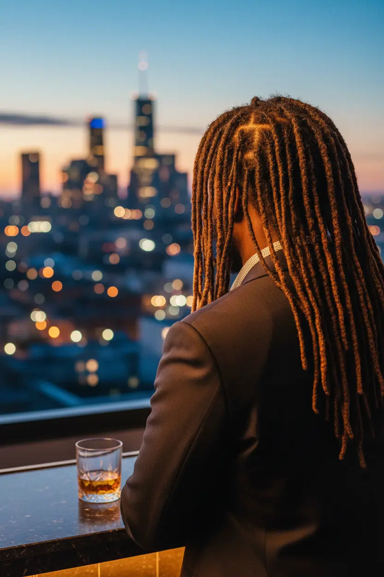 Still Water: healthy locs cascade down a well-dressed man's back, city lights below — Blind Pirate.