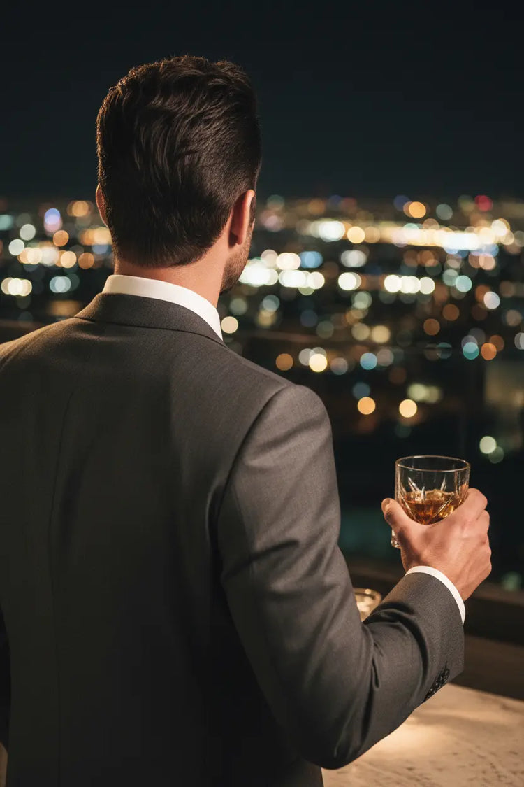 Male Rooftop overlooking the city lights, hair coiffured perfectly in health from Blind Pirate Soap shampoo.