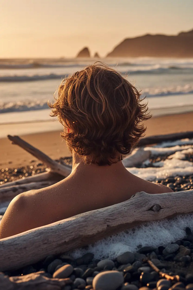 Male Tousled Beach dude watching the sets roll in. healthy, glowing hair.