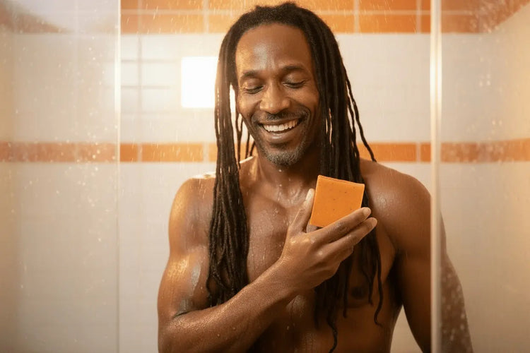 man showering with a bar of orange crush soap in his hand
