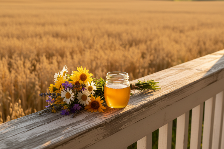 Milk & Honey —  Golden Hour Porch, with golden fields of oats, with fresh flowers and honey.