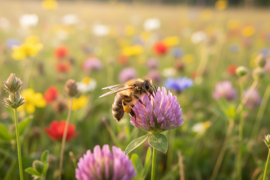 Milk & Honey — Honey Bee & Bloom, in field of flowers.