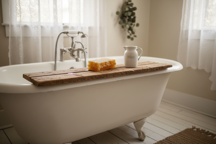 Milk & Honey — Farmhouse Bath Tray, with milk and honey.