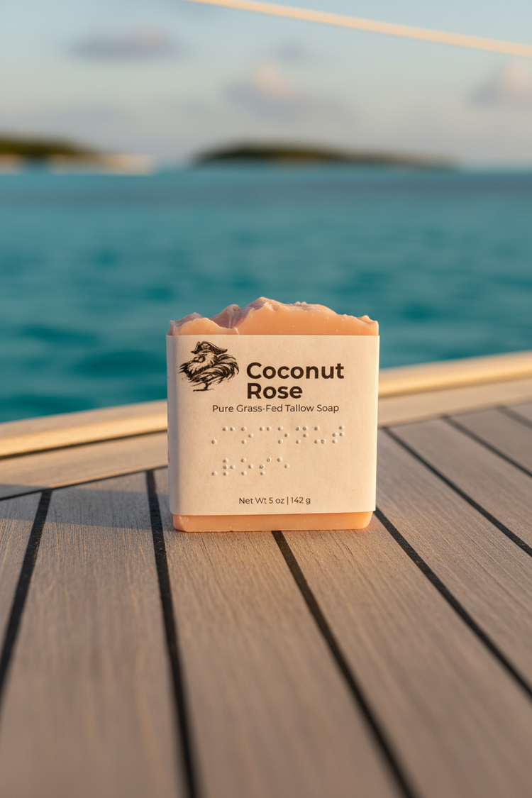 Coconut Rose tallow soap bar displayed face-forward on a sun-warmed deck, a tropical island rising softly beyond the sparkling bow.