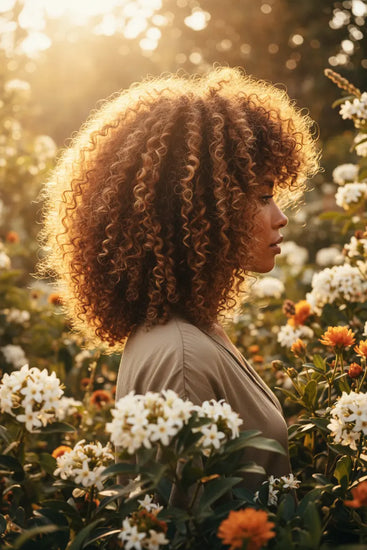 Natural Afro Female has shiny locks of golden brown hair shining in the sun.