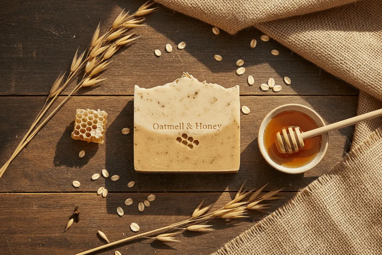 Oatmeal & Honey - Rustic Oats oatmeal and honey soap on rustic wood with raw oats, honeycomb and honey dipper