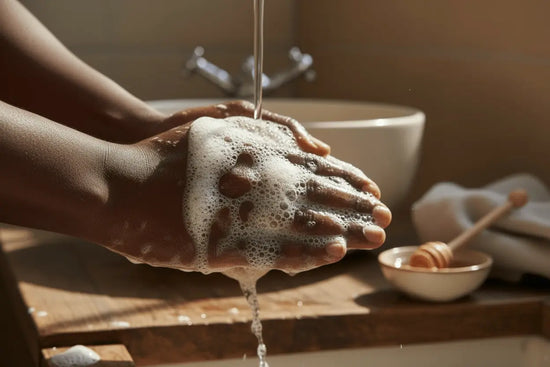 Oatmeal & Honey -Hands lathering oatmeal and honey soap with creamy bubbles in rustic bathroom with honey jar