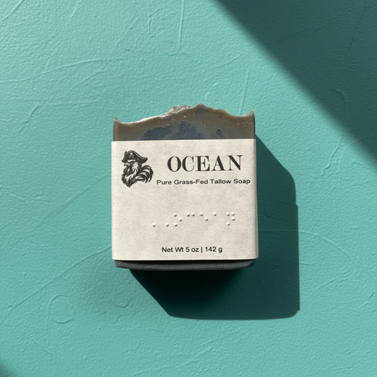 Ocean | Grass-Fed Tallow Soap Bar Blind Pirate Soap Co. Ocean brailled into the label